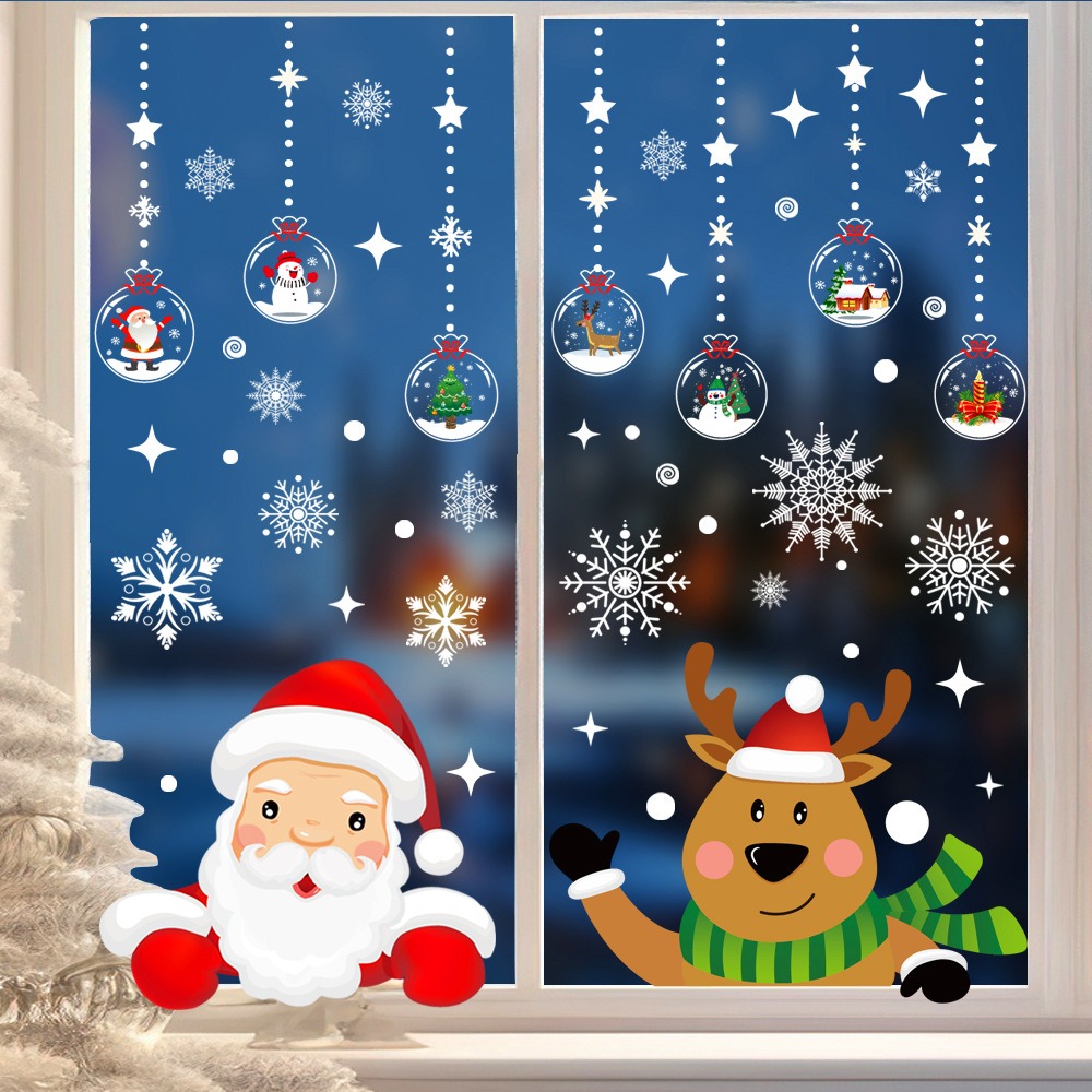 Snowflake Window Decal - Karikatür Noel Baba Pencere Çıkartması Geyik